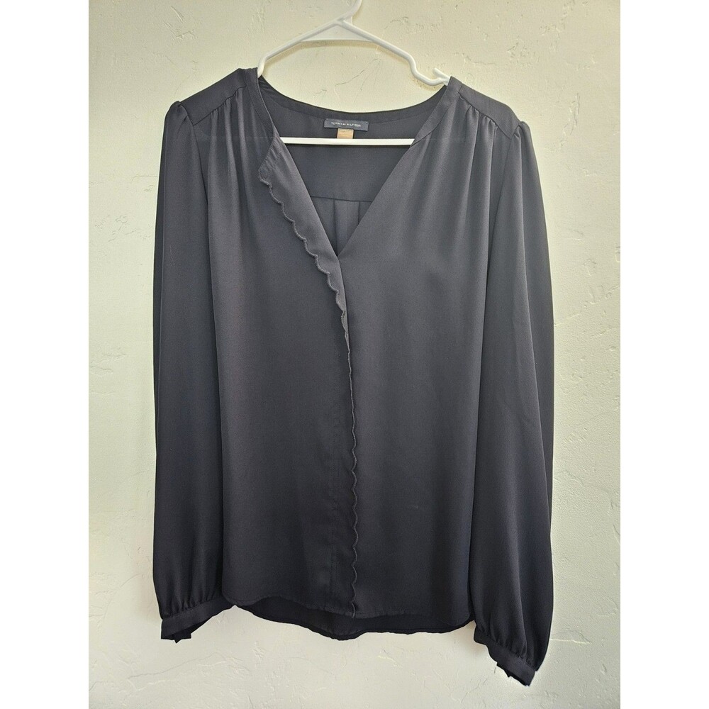 Tommy Hilfiger Women's Long Sleeve V Neck Blouse, Navy, SIze L